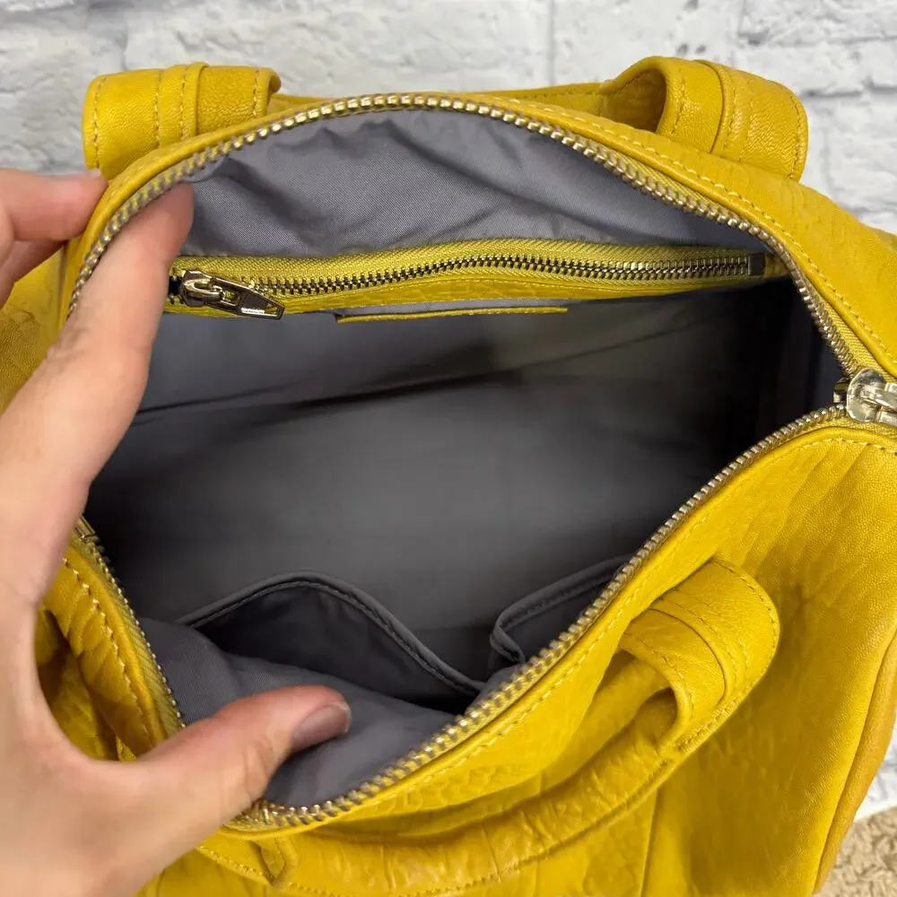 Alexander Wang Rocco Duffel Bag Mustard Yellow Pebbled Leather Studded Bottom
